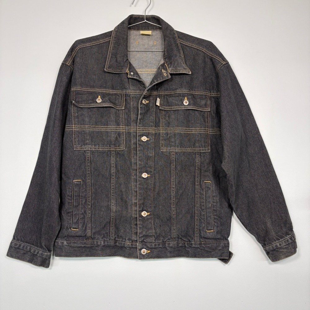 Delf Mens Denim Jacket XL Black Kanji Embroidered Trucker Streetwear USA Y2K